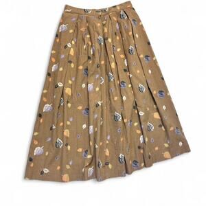 Vintage 70s USA Hand Made Pleated Midi Skirt Fall Autumn Leaf Cotton Corduroy 26